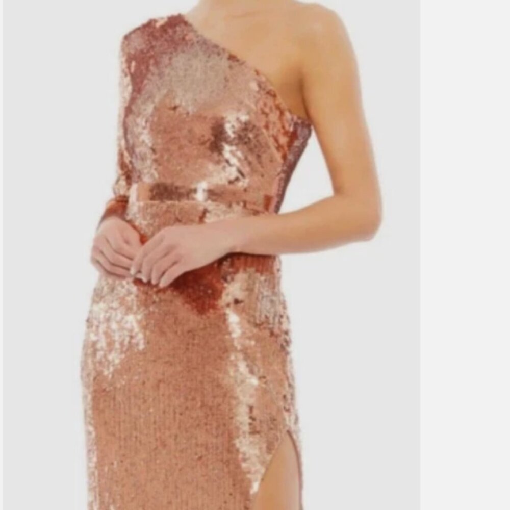 NWT Mac Duggal 10788 Copper 2 Sequin One Sleeve Column Evening Dress Gown Formal